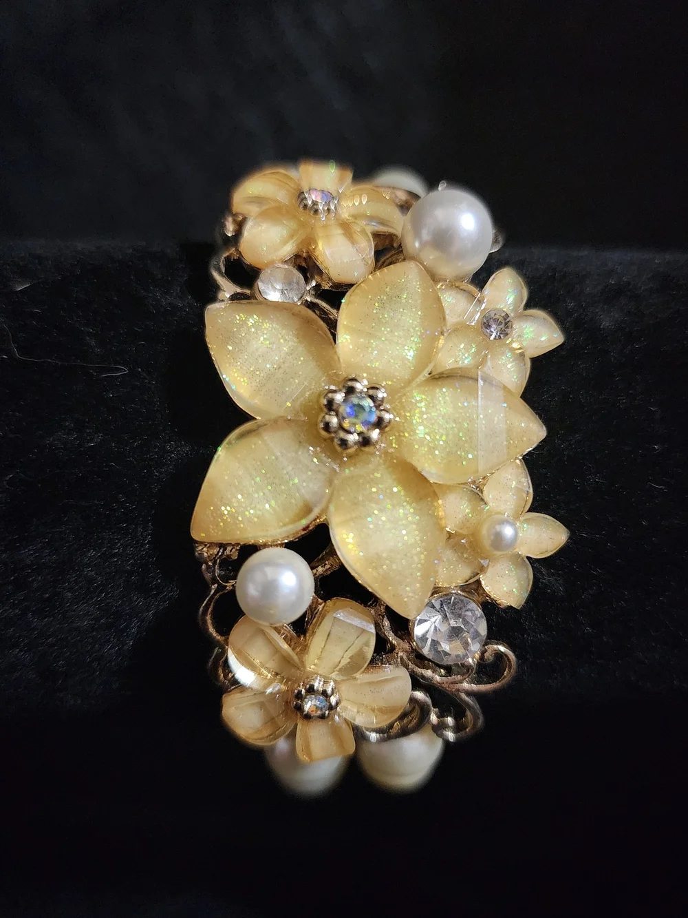 Gold Floral Pearl Bracelet with Yellow Enamel Accents